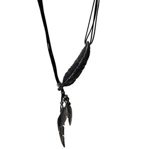 Southwest Silver Tone Feather Pendant Necklace Black Cord Fashion Jewelry Women